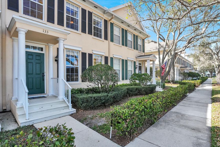 Beautifully maintained 3BR/2.5BA townhome with 1-car garage offering 1,611 living sq ft in the desirable Charleston Court at Abacoa. Light-filled interior features tile flooring, crown molding, recessed lighting, and custom built-ins. Open-concept living and dining areas flow into a well-appointed kitchen with white cabinetry, stainless steel appliances, ample counter space, and breakfast bar. Upstairs, the spacious primary suite includes a private bath, with two additional bedrooms ideal for guests or office space. Community pool and green spaces. Minutes to Abacoa Town Center, Roger Dean Stadium, dining, shopping, and parks.