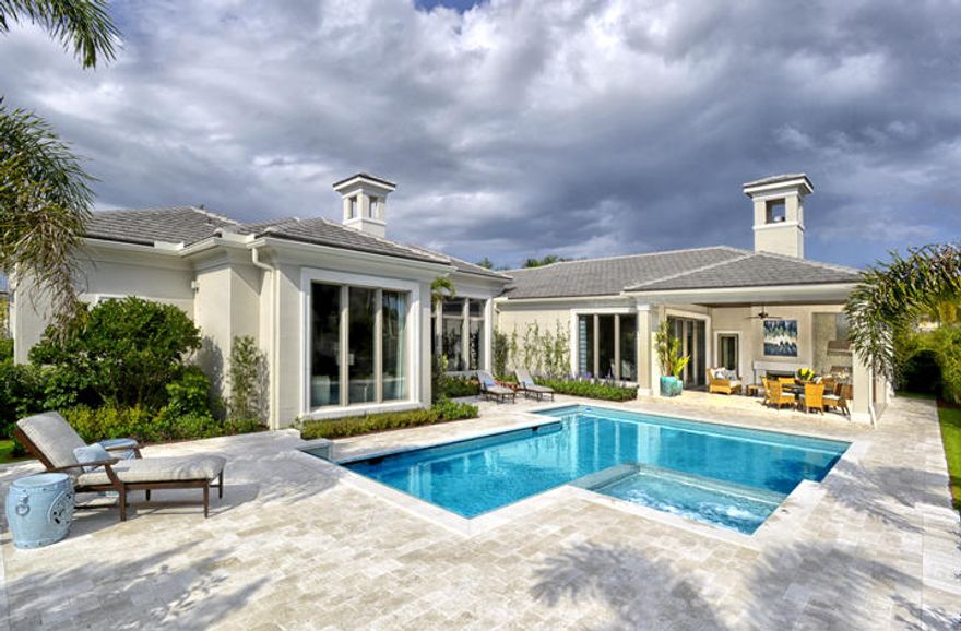 New construction. Brand new furnished model home under construction. Professionally designed Savoy floor plan on nearly 1/2 acre home site with private tropical water feature view.  This home boasts marble and wood floors, crown molding throughout, a custom wine wall, handsome study, expansive master suite with his and her bathrooms, gourmet kitchen, beautiful covered lanai with lush tropical views of the backyard and custom heated pool and spa.