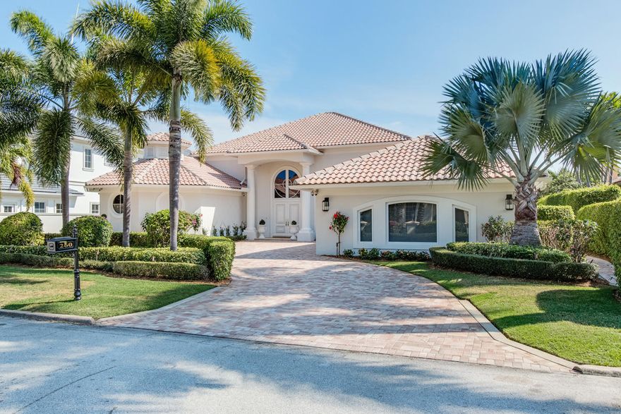Single story waterfront home in Royal Palm Yacht & Country Club, located on 100' of the Buccaneer Palm Waterway w/ south exposure, and impact glass windows & doors. Home features 4 bedrooms + den, 4 full & 1 half baths & 3,830 sqft under air. Enter through the double door foyer entry w/ volume ceilings, marble flooring throughout, formal dining room, split bedroom floorplan & open kitchen w/ granite countertops. Large family room w/ French doors leading to pool/patio area & breakfast nook overlooking pool. Spacious first floor master suite w/ walk-in closet, & master bathroom w/ his & her vanities, jetted tub, separate shower, & private water closest. Outside has views of the waterway, private marble dock w/ water & power, large open patio, heated pool & spa, & lush tropical landscaping...