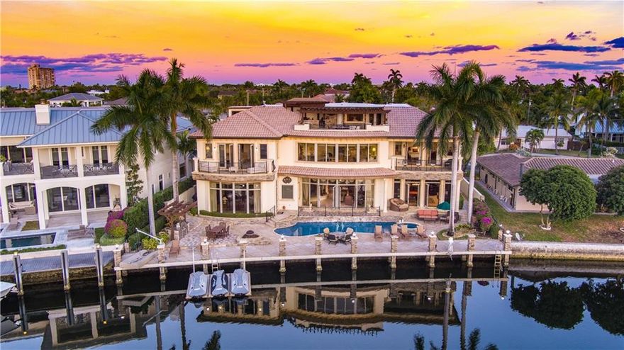 Casa Del Toro, European-inspired 3-level w/panoramic water views, 103'± equipped yacht dock w/ocean access, 2-story rotunda foyer, butterfly staircase, volume detailed tray ceilings, marble floors, impact windows/doors, generator, elevator, secluded master wing w/office, VIP & 3 ensuites, waterview living/dining/family rooms, island kitchen, clubroom w/bar, theater, summer kitchens, waterside pool/spillover spa. DISCLAIMER: Information published or otherwise provided by the listing company and its representatives including but not limited to prices, measurements, square footages, lot sizes, calculations, statistics, and videos are deemed reliable but are not guaranteed and are subject to errors, omissions or changes without notice. All such information should be independently verified by any prospective purchaser or seller. Parties should perform their own due diligence to verify such information prior to a sale or listing. Listing company expressly disclaims any warranty or representation regarding such information. Prices published are either list price, sold price, and/or last asking price. The listing company participates in the Multiple Listing Service and IDX. The properties published as listed and sold are not necessarily exclusive to listing company and may be listed or have sold with other members of the Multiple Listing Service. Transactions where listing company represented both buyers and sellers are calculated as two sales. The listing company’s marketplace is all of the following: Vero Beach, Town of Orchid, Indian River Shores, Town of Palm Beach, West Palm Beach, Manalapan Beach, Point Manalapan, Hypoluxo Island, Ocean Ridge, Gulf Stream, Delray Beach, Highland Beach, Boca Raton, East Deerfield Beach, Hillsboro Beach, Hillsboro Shores, East Pompano Beach, Lighthouse Point, Sea Ranch Lakes and Fort Lauderdale. Cooperating brokers are advised that in the event of a Buyer default, no commission will be paid to a cooperating Broker on the Deposits retained by the Seller. No commissions are paid to any cooperating broker until title passes or upon actual commencement of a lease. Some affiliations may not be applicable to certain geographic areas. If your property is currently listed with another broker, please disregard any solicitation for services. Copyright 2021 listing company All Rights Reserved