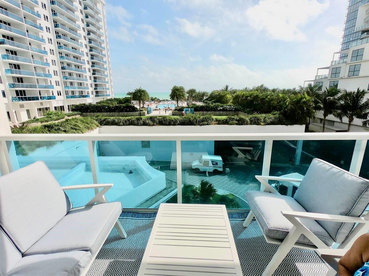 Premium direct ocean-facing furnished converted 2 bed/2 bath at The Roney Palace, directly connected to 1 Hotel South Beach. Features ocean & pool views, washer/dryer, full kitchen w/ quartz countertops, wood laminate floors, impact glass & 9’ ceilings. Rent includes cable, internet, electricity & 1 valet parking. Building offers oceanfront pools w/ food & beverage service, gym/spa access & prime SoBe location near Convention Center, Lincoln Rd & Ocean Dr. Small pets ok.