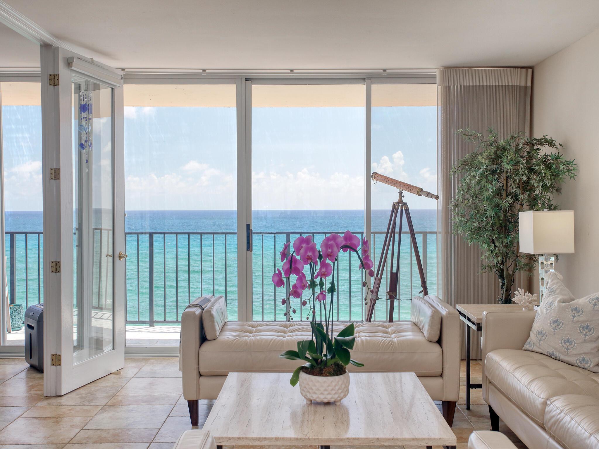 A Rare Find! Spectacular Direct Ocean views from three rooms. It's Paradise to live on the beach on Palm Beach Island. This unit is unique and certainly not for everyone. Enjoy the unforgettable views as you lounge on the 40 foot balcony. An elevator ride will take you to the pool and beach areas. You will find covered canopies, umbrella tables, two large gas grills. Also enjoy many amenities: Gym saunas, car wash, billiards, library and bike room, 15 min. to PBI airport and a short walk to shopping and restaurants. Short drive to Worth Ave., Phipps ocean tennis, and Par 4 golf course.