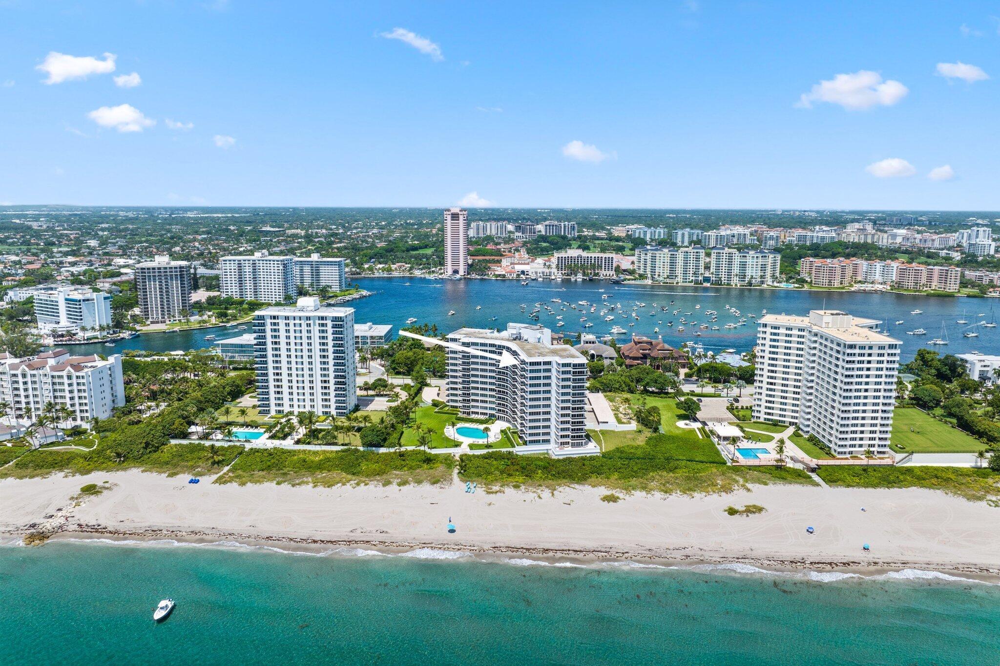 A Rare and Exceptional Southeast Corner Penthouse Offering on Boca Raton's Most Sought-After Stretch of Beach with Sweeping Ocean, Shoreline, and Inlet Views from Living Space. The Expansive 2BD/2.5BA Residence Features an Oversized Great Room Wrapped in High Impact Hurricane Windows, Creating a Breathtaking Backdrop of Coastal Beauty. Large Closets and Tons of Storage! Sited Directly on the Sand, Walk Along the Beach to The Boca Raton Beach Club for Drinks and Dining (Membership Required) or Stroll to Palmetto Park Road's Vibrant Shops and Restaurants. The Boutique Doorman Building Offers a Newly Redesigned Lobby, Exceptional Professional Staff, Ocean View Club, Card Rooms, and a Stunning Pool with Direct Beach Access. A Truly One-of-a-Kind Oceanfront Offering in Boca Raton.