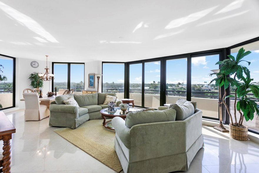 Spacious, newly refreshed, rare 3 BR, 3 BA, light-filled high-rise condo in Jonathans Landing, one of Jupiter's premier private club communities. Breathtaking, expansive views of the Intracoastal & renovated golf course creating a serene & picturesque backdrop for everyday living. Beautifully maintained. Expansive wraparound balconies to enjoy stunning sunrises & sunsets.  Open-concept living & dining areas bathed in natural light, perfect for entertaining; Upgraded kitchen w/ granite countertops, custom cabinetry, & stainless steel appliances.  Ample closet space.  En-suite bathrooms.  Separate, dedicated storage room on unit floor.  Pool and renovated tennis courts for SouthPorte unit owners.