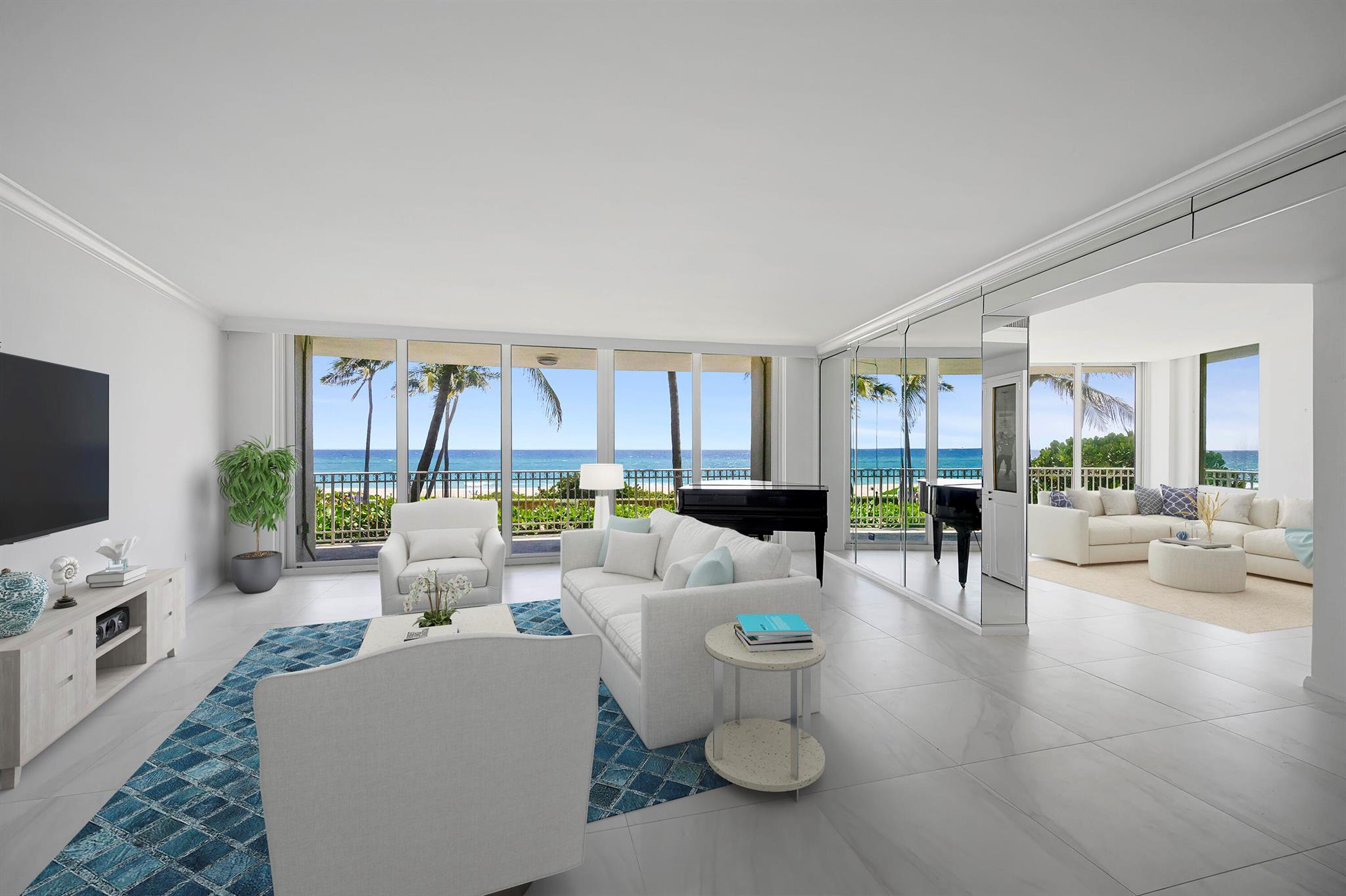 Spacious southeast & west facing 3 bedrooms, 3 baths apartment with breathtaking direct Ocean views nestled in the heart of Palm Beach. Private wraparound balcony accessible from every room. Impact doors and windows, new flooring, eat in kitchen and in unit laundry. One Royal Palm Way is an outstanding, well-managed, boutique building with only 39 units. 24/7 door person, exercise room and garage parking. A must see!