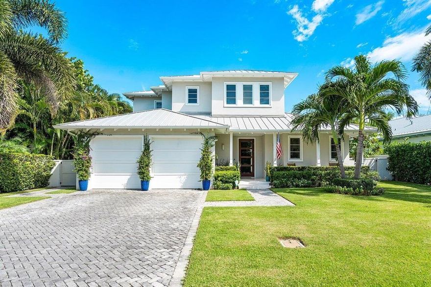 Built in 2017, this Coastal Contemporary custom home in the Palm Trail neighborhood is perfect. Designed by Randall Stofft & constructed by Dovetail Construction. The spacious floor plan offers a tremendous Great Room with volume ceilings all opening to a wonderful open Loggia & heated saline pool. Gourmet kitchen with Miele appliances with gas range, quartz countertops & custom kitchen cabinetry. Flooring is wood-look porcelain tile on main level & hardwood maple on 2nd level. An abundance of storage with an over sized Laundry Room, a pantry, and an outdoor storage room. 1st floor has 1 bedroom, upstairs is 3 bedrooms. All bedrooms have ensuite baths. Endless upgrades include Full house Generator, water filtration, electric shades inside & on the patio, & cameras.WALK TO THE AVE & BEACH