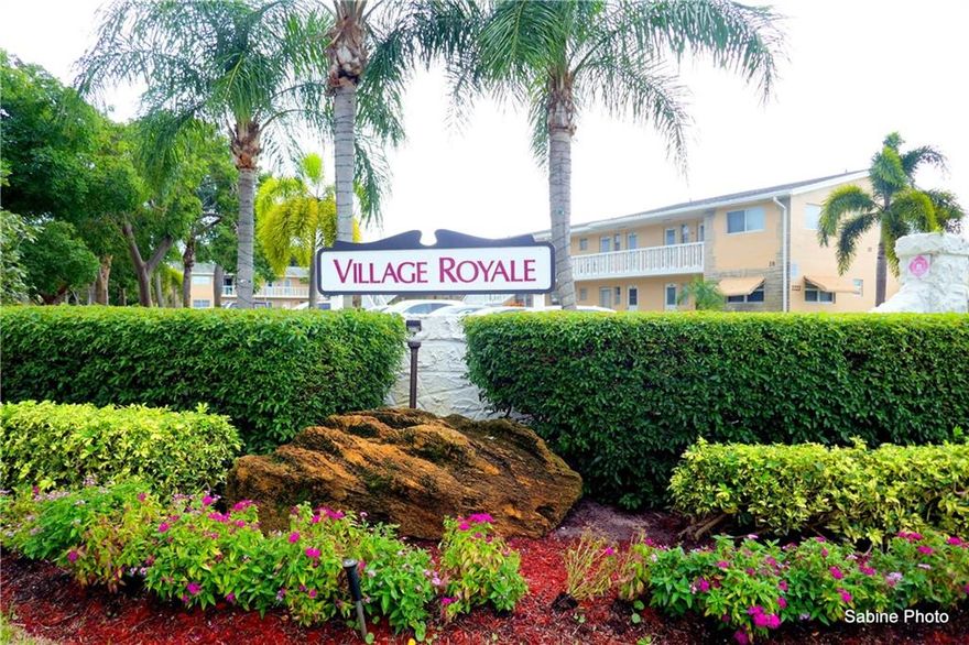 LOVELY Condo 1 bedroom & 1.5 bathroom with IMPACT HURRICANE WINDOWS on all openings including PATIO just next to clubhouse and pool* Nice neutral TILE (18x18) in living-dining room and patio, laminate in bedroom* Unit is sold FULLY FURNISHED & TURNKEY (everything stays: 2 TVs, pots & pans, linens, towels, etc...)* Large full size WASHER Maytag in unit* Parking space at your front door* This tranquil community has a Clubhouse, heated pool, BBQ area, billiard room and shuffleboards right next to this building* Monthly maintenance fees of $365/month include WATER, CABLE (approx. $50 included in monthly fee), building INSURANCE and all amenities. VILLAGE ROYALE CONDO is a 55+ adult community conveniently located just EAST of I95 and only few minutes from the BEACH, shopping and grocery stores.