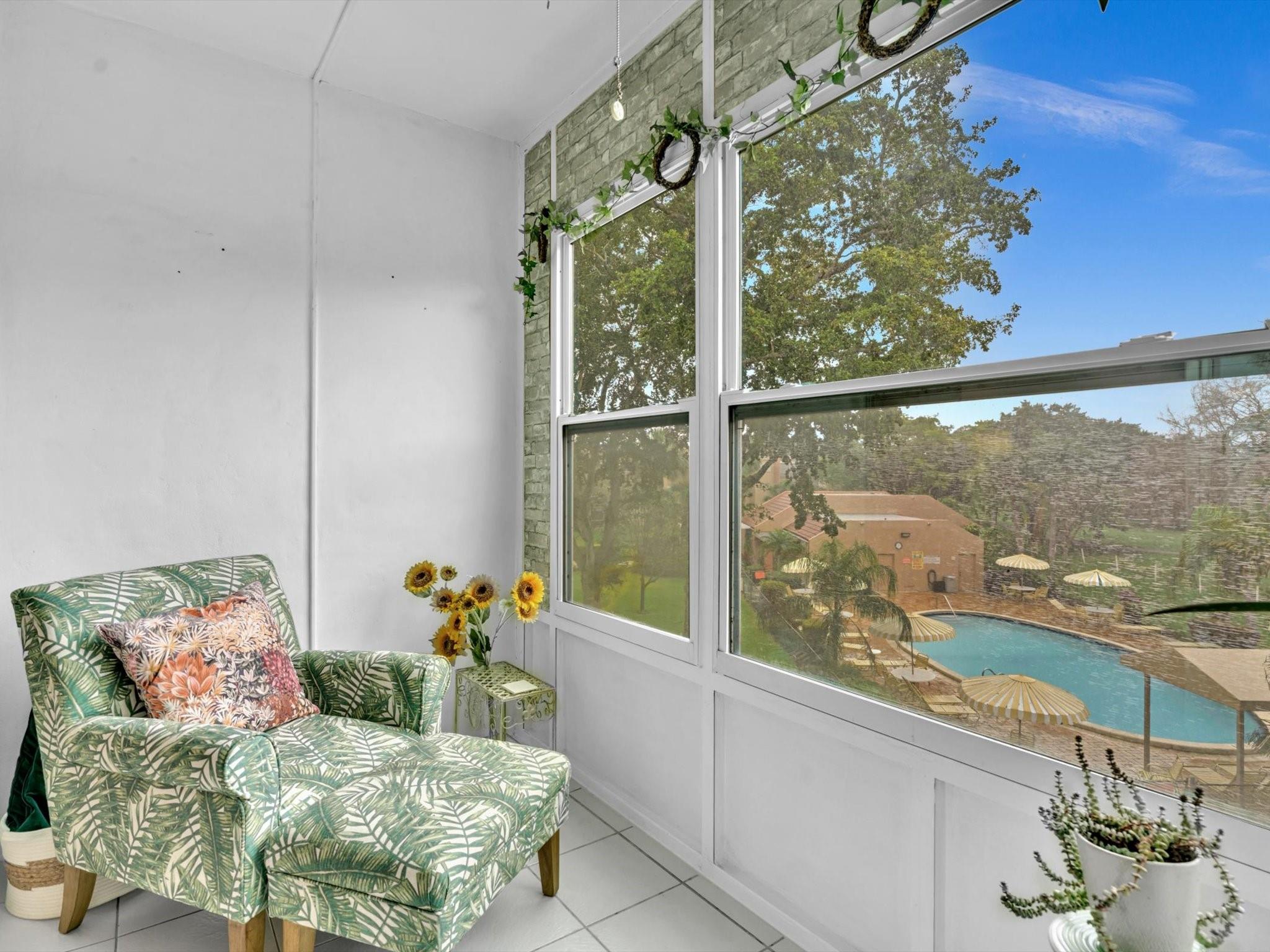 Well-maintained 1BR/1.5BA condo in The Greens, a 55+ community in Tamarac. This top-floor unit offers lake views from the enclosed balcony, new flooring in living and bedroom (2022), a new electrical sub panel, and new AC (2022) cleaned/sealed AC ducts (2025). Kitchen and baths retain original charm with functional updates. Fresh paint in main living areas and master closet. Partially furnished. Elevator in building, laundry on-site, community pool. Close to shopping, dining, parks, and healthcare. Assoc. requires 25% down, 680+ credit. No pets or leasing. Peaceful, low-maintenance $410/month lifestyle near it all.