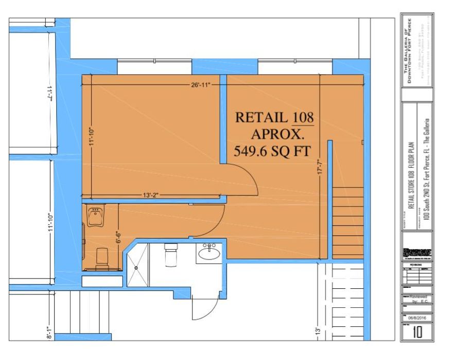 The Galleria of Pierce Harbor is a unique Boutique mall serving the Downtown Ft. Pierce area!!! Close to the Sunrise Theater, the water, the Farmers' Market, Friday Fest, Courthouses, City Hall, Clerk of Courts, States Attorneys' Offices & Public Parking!!! Retail Units are available now for YOUR business!!! Unit 108 is located on the second floor, and is Approx. 549.60 Sq. Ft. Unit has access to public restrooms located within the mall. Brand new, well-lit, and clean!!! Has a unique floor plan!!! Equipped with all emergency lighting & updated electric!!! Showcases beautiful polished concrete flooring!!! Features a crown molding header over entries for signage!!! Showcases single light french main entry doors!!! Exhibits glass storefronts for display purposes!!!