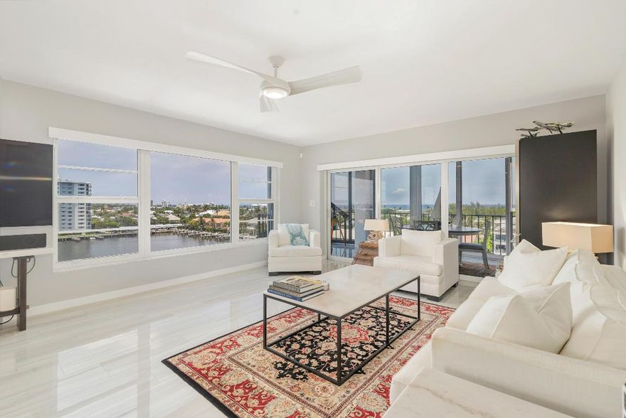Welcome to Delray Beach, Seagate Manor 805! This beautiful 2-bedroom 2-bath, 55+ condo on the 8th floor offers breathtaking views of the ocean, Intracoastal Waterway, & marina from its north-eastern corner. Step into a bright living space filled with natural light from new impact windows & sliders. Florida room has been enclosed with pocket sliders that allow you to open up it into one grand room. The modern kitchen features quartz countertops, LG appliances, & a convenient walk-in pantry. Primary suite has ocean views, walk-in closet, & bath with a double vanity & walk-in shower. Second bedroom includes a murphy bed & walk-in closet, perfect for guests & an office. Just stroll down the street to beautiful beaches, vibrant nightlife and shopping. Dock slips currently available.