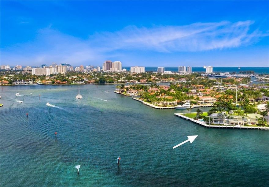 Offering superb wide open intracoastal & city views! Highly desirably point lot located in guard-house secured Harbor Beach with private Beach Club. Over 1/2 acre, offers 2 docks (188 & 108 ft) perfect for large /multiple yachts. Resort style grounds with multiple outdoor entertaining areas, custom pool, summer kitchen & pergola. Clean modern lines & nautical accents add an island-flair. Renovated & doubled in size over 25 years. 2019 updates -new roof & amazing roof top terrace, impact glass/doors & decking. Offered fully furnished.  Extremely well-built & maintained residence. Views are maximized from great room with 20ft ceilings, dining room seats 12, media room & adjoining cocktail bar, 8 bedroom suites include 2 Masters & VIP suite. 9-Car, A/C garage has capacity for lifts