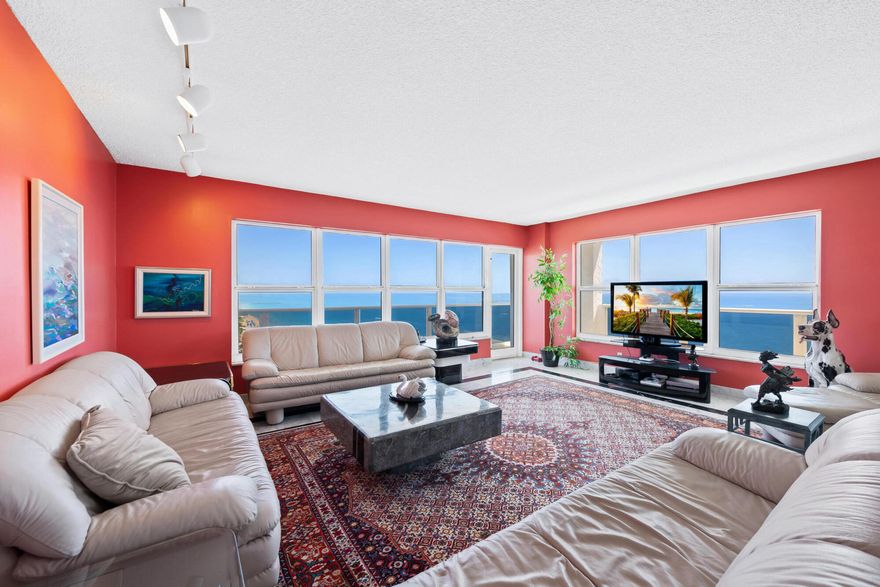 Highly sought-after NE corner condo with sweeping direct ocean views from every room. Largest layout in the building with over 2,100 sq ft of living space. Expansive wraparound balcony offers both ocean and Intracoastal views. Ideal opportunity to renovate and make it your own. Spacious primary suite features two walk-in closets, Shower and bidet. Large kitchen with ample storage and adjoining dining area with ocean views. Includes garage parking and a private storage locker. Full-service building amenities: two fitness centers, community room with bar and kitchen, game room, library/business center, heated pool, private beach access, bike storage, car wash, and more. Prime location within walking distance to dining, shopping, and entertainment.