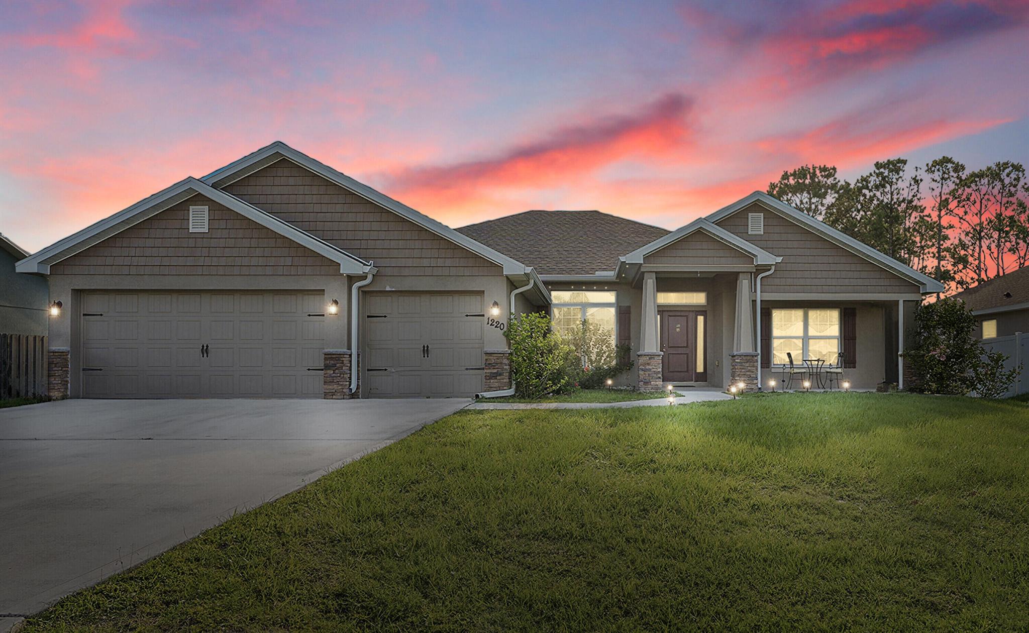 Spacious 4BR + Den / 3BA CBS home with oversized 3-car garage in desirable neighborhood off Crosstown Pkwy. Built in 2021 by Adams Homes, this 2,510 sq ft open-concept home features vaulted ceilings, split-bedroom layout, tile in main areas, and a large living room. The primary suite offers dual sinks, soaking tub, and separate shower. Bonus flex room can serve as 5th bedroom or office. Enjoy a covered lanai, screened patio, and a fenced backyard with room for a pool. No HOA. Close to schools, shopping, dining, I-95 & Turnpike. Pet-friendly!