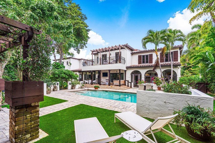 Rare Gem!  Privacy, charm and distinction blend seamlessly in this Historic estate built by Addison Mizner in desirable Old Floresta. Sited on a half-acre corner lot, this 6-bedroom 4,500 sq ft home has been completely renovated, preserving the historic features and character of the original design. Pecky cypress ceilings, Chicago brick walkways, wood burning fireplace, hardwood floors, and arched windows are a few of the characteristics that make this home special. The entire home has impact resistant glass windows and newly renovated bathrooms. The chef's kitchen has been modified and remodeled with custom cabinetry, Wolf and Sub-Zero appliances, and an oversized island with seating for six.