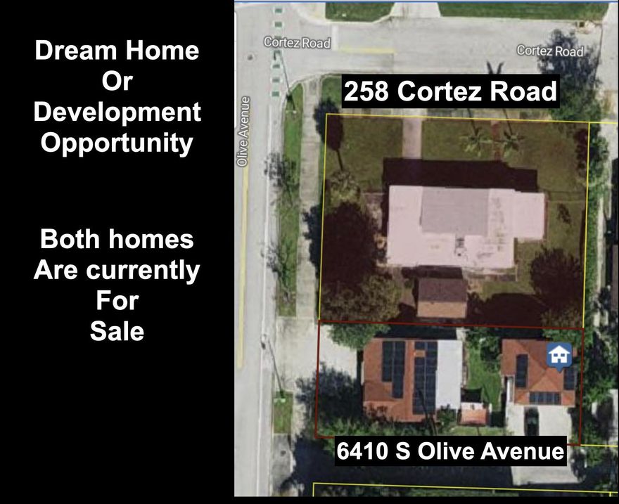 An exceptional and rare opportunity--6410 S Olive Avenue may be purchased in combination with the adjacent property on Cortez Road, also currently for sale, creating a larger, more versatile parcel in the heart of SoSo, one of West Palm Beach's most sought-after neighborhoods. Together, these properties present a compelling land assemblage with the potential to design and build a custom estate or pursue a thoughtful redevelopment surrounded by some of the area's most desirable homes. Whether envisioned as a private compound or a future-forward project, this combined offering unlocks scale, flexibility, and long-term upside in a location that continues to appreciate and attract high-end investment.