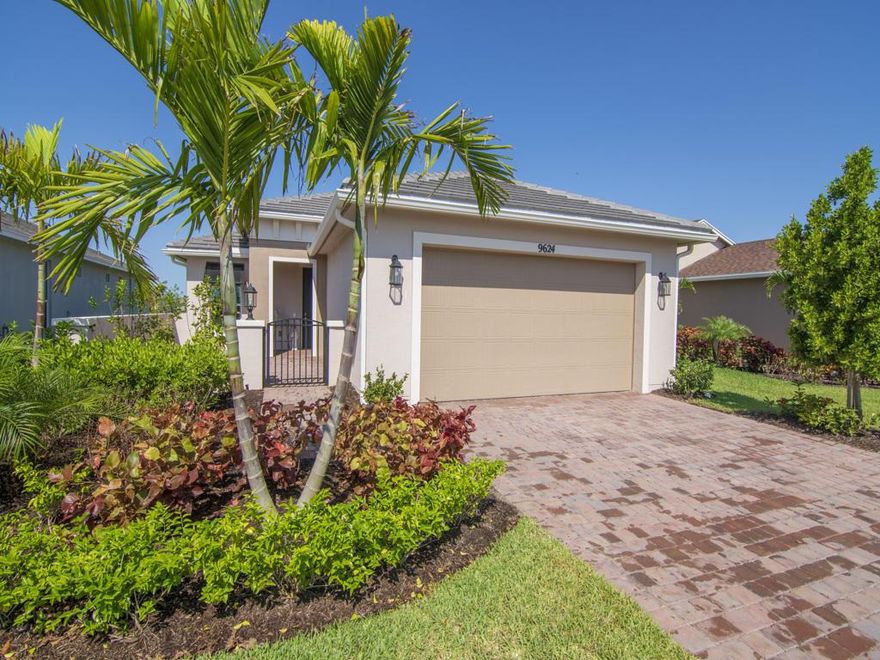 Vitalia Courtyard Home built in 2019 has a flat tile roof and full impact windows in a 55+ Resort Style Community Just Listed. This beautiful two bedrooms, two baths with glass doors den. The 1596 sq. ft under air home has Tile Floors and Plantation shutters throughout, crown molding, tray ceilings and Tankless gas water Heater. Upgraded Kitchen has white soft touch cabinets with marble backsplash, stainless steel appliances and Quartz counters. Master Suite has a drop station and a large walk-in closet. Master bath has quartz countertop and huge frameless shower with tile to ceiling. The laundry room has cabinets with washer and dryer on pedestals. Additional options like Gated Courtyard walkway, screened Lanai, epoxied 2 car Garage floor, Gas Tankless water heater & extra exterior lights This Resort Style Community has a 24,000 sf Clubhouse, Demo Kitchen, Gym, 2 Pools, Pickleball, Tennis, Shuffleboard, Horseshoes, Bocce, Ballroom/Theater, Card Rooms, Billiards, Darts, Basketball, Workout Area with Trainers and has an onsite activities director.