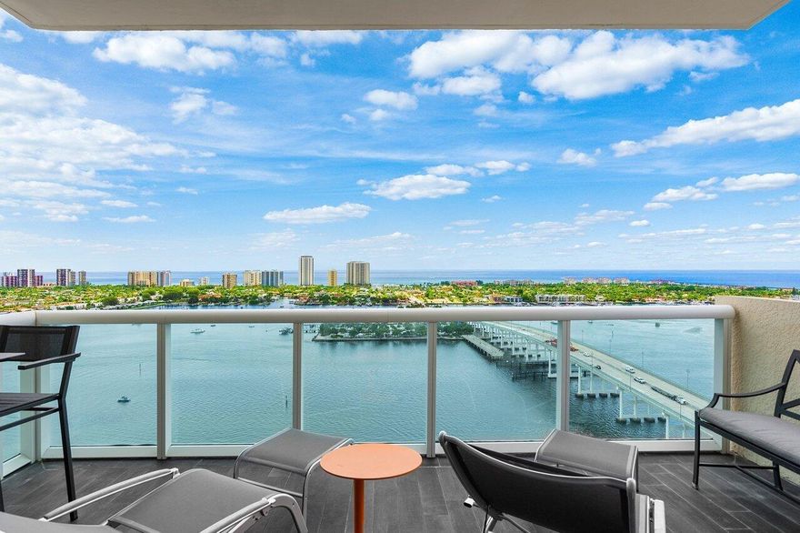 Rare Penthouse Seasonal Rental! Panoramic 26th floor Intracoastal & ocean views! Immaculate 2BR+den/2BA condo w/impact glass, Open concept w/spacious great room, dining/den, fabulous modern granite kitchen w/stainless appliances, split floor plan, & semi-private elevator access. Spacious owner suite w/his & her walk-in closets. Assigned parking in covered parking garage & climate-controlled storage unit. 24/7 manned gate, valet, tennis, pickleball, walking path w/gazebo, Newly remodeled covered rooftop oasis w/pool, spa, BBQ areas. Clubhouse, billiard room & fitness center. Marina w/dry docks available. Adjacent dry docks may be available so jump on your boat effortlessly & be on the ocean in minutes; no fixed bridges! AVAILABLE JAN - MARCH 2026!