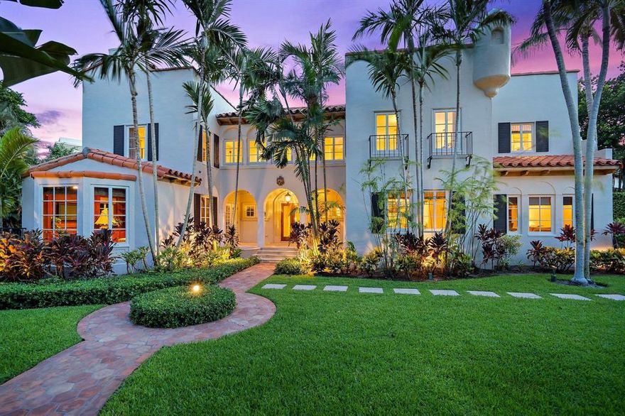 Enjoy the best of in-town living at this timeless Spanish estate, located across the street from ''Bethesda by the Sea,'' one block from the Atlantic Ocean and The Breakers, and a short stroll to the finest shops and restaurants in the heart of Palm Beach.  This signature property has been renovated with impact windows and doors, interior and exterior paint, updated kitchen, lush landscaping, pool with spa, summer kitchen with fireplace and BBQ, exterior lighting and irrigation system, new patio and door awning, electric gate and fence, and a security and sound system, among many other fine features.  The main house has 4 bedrooms with en-suite baths on the second floor, and a 1BR/1BA guest apartment which sits above the oversized 2 car, air-conditioned garage with its own half bath.
