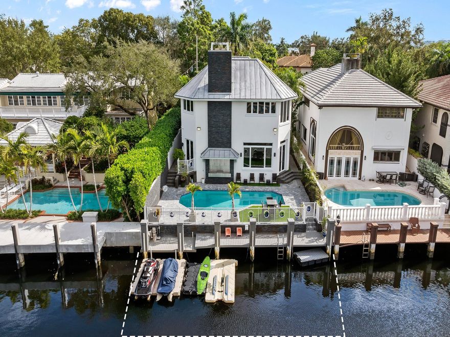 Ideal for the avid boater with deep water dockage & no fixed bridges to the Intracoastal & ocean. This exquisitely updated home is situated among mature trees that canopy on one of the most desirable streets in the coveted subdivision of Rio Vista. The luminous open floor plan is conducive to today's modern lifestyle offering multiple doorways blending indoor & outdoor living spaces. Enjoy S. Florida living by the waterside pool or exterior courtyard complete with a summer kitchen & outdoor fire wall. The culinary kitchen will inspire the those who enjoy cooking with upgraded appliances. The lavish primary suite offers a fireplace, 2 custom walk-in closets & spa inspired bathroom. $1Million gut renovation in 2014. Mins. to LYC, shopping, restaurants, gyms & more. Sq ft from IMAPP.