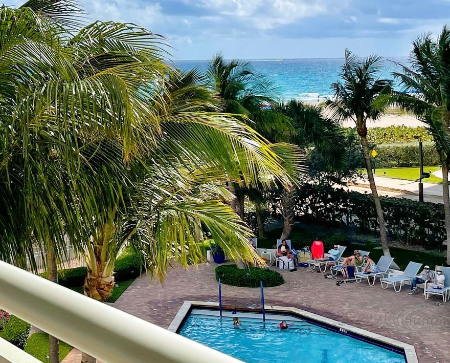 This sought-after south-facing bright 1 BR / 1.5 BA features a lovely ocean, and pool view from your very private balcony.  Beautiful nighttime up-lit  pool setting.  Washer/Dryer inside unit. Ample closet space. Tiara is a luxury amenity building offering a true resort lifestyle, valet and 24/7 concierge, manned gate. A 1BR suite is available for guests of residents. Amenities include a heated pool, separate jacuzzi, tennis courts, men's and women's fitness centers with steam room & sauna, billiard room, well-stocked library, & card room. Beachside restaurant for eat-in or delivery. Marquis lounge on 43rd floor with spectacular 360 degree view, nightly dinner and full bar available to residents . 15 mins to world class shopping, dining & entertainment. 25 mins to PBI airport