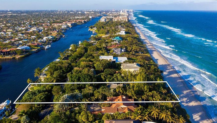 Take advantage of an incredible opportunity on famed Hillsboro Mile, known for having the most exclusive properties in all of Broward County. On this 1.23 acre/53,544 square feet property you can enjoy the best of both worlds, with your very own 115 feet wide beach front facing the Atlantic Ocean, and then another 115 feet of deep-water/no wake dockage facing the Intracoastal. The property is among one of the deepest lots with a depth of 460 feet, which gives you more privacy. Located on very desirable high elevation, you will enjoy the sunrise over the ocean and the sunset over the intracoastal! This property with its natural landscaping and many trees will make you feel at home and at peace, also knowing that The Town of Hillsboro has its very own police that patrols the roughly 3-mile long stretch along A1A 24/7, 365 days a year. This really is a beautiful and very secure property that offers you a rare opportunity to build your luxury home by the sea.