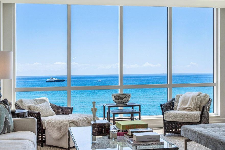 Experience perfect Harmony in the exclusive 4001 North Ocean luxury building which features only 34 intimately scaled residences in the exclusive town of Gulf Stream. Designed with a classic modern flair by noted architect Randal Stofft and situated on an amazing and rare 300' of direct oceanfront, this fifth floor southeast facing residence offers a lifestyle of carefree luxury. With sweeping ocean views from all major rooms, this generous 3,716 TSF apartment with three parking spaces exudes a light bright atmosphere. The three-bedroom ensuite plus den/office apartment is designed with an open floor plan combining a grand living/dining area punctuated with floor-to-ceiling windows, wood and marble floors throughout, an open chef's kitchen with custom European cabinets, and state-of-the- art appliances all offering spectacular ocean views. The oceanfront master suite embodies tranquility and offers an intimate retreat. Open the doors to a large private balcony, where you can savor the soothing sounds of the waves or pamper yourself in the luxurious Zen-like master bath, featuring ample space and natural stone finishes. Residents of 4001 enjoy concierge service, access to an oceanfront fitness center, a spectacular pool deck with a hot tub, and ocean side grill. This exceptional residence epitomizes the South Florida lifestyle and invites you to embrace a world of luxury and serenity. 
 
 Exclusions: Wrought iron chandelier in dining room and Antique iron chandelier in the large (mauve ) guest room