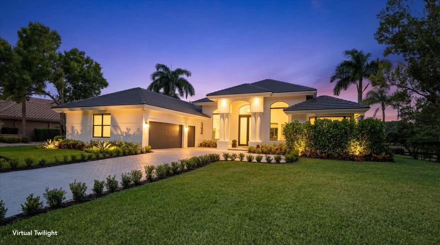 Rarely available, this beautifully remodeled contemporary Breakers West estate home boasts 3 ensuite Bedrooms + an Office, 3.5 baths, and 2 car + golf cart garage and is ideally positioned to capture endless sunset views of the Breakers West Rees Jones golf course and water on 2 sides. Thoughtfully redesigned with exceptional attention to detail, this 3,400 SF residence features a NEW tile roof, NEW impact windows and doors, NEW impact garage doors, 2 New HVAC systems, and a NEW hot water heater.  Inside, soaring 14-foot ceilings complement the modern kitchen with European-designed Grober custom cabinetry with quartz countertops,  neutral luxury vinyl flooring throughout, large format porcelain tile floors in the bathrooms, and an electric fireplace in the family room beautifully compliment updated living areas. The 8ft kitchen island with quartz waterfall edge countertops will be the center of this gourmet kitchen. Designed with ample cabinet storage, this entertainer's  kitchen has a custom appliance package including a 5 burner Wolf induction cooktop, 48" JennAir built-in refrigerator, Jennair combo micro/convection oven plus wall oven, wine refrigerator with 2 refrigeration drawers, Asko dishwasher and built-in area for a coffee or espresso bar.  The luxurious primary suite features state-of-the-art of bathroom that rivals any bathroom at the Four Seasons hotel!  It features large walk-in shower with dual shower heads and body sprays, a separate steam shower, a soaking tub, and separate quartz vanities positioned on opposite sides with abundant counter space and tiled walls.  Outside, enjoy one of the most special views in all of Breakers West,  a private pool and spa in a serene setting to take in the sunset views.  Breakers West offers 2 manned guard gates and roving patrol security. Various club memberships are available at either Breakers West or Mayacoo Lakes Country Club for golf and sport/social membership (including The Breakers Palm Beach Beach club access in the summers months).  Breakers West is conveniently located to downtown West Palm Beach, Cityplace, Nora District and Palm Beach. Just 15 minutes to PBI and Wellington's world-class equestrian amenities.