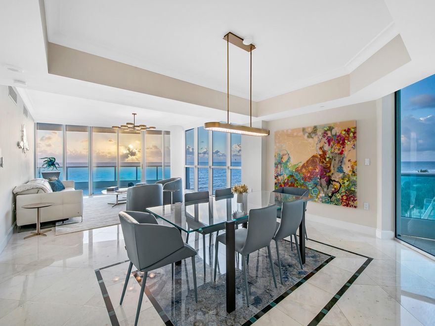 Experience the ultimate beach lifestyle in this stunning SE corner unit boasting over 3,000± SF of elegant living space. With direct ocean views and a spacious 433± SF terrace, you’re just minutes from the sand!
Private elevator entry with floor-to-ceiling impact windows. Chef’s kitchen with marble countertops & stainless-steel appliances. Media room with its own terrace. Expansive Primary Suite with his/her baths, a walk-in closet & direct ocean views. Full-size laundry room & 1 assigned parking spot plus 35+ guest spaces. Amenities: 24-hour security & concierge, State-of-the-art gym, Billiard room & Club room, Locker rooms with wet/dry sauna, Tennis Court & Pool with ocean views. Enjoy convenient access to fantastic shops and restaurants! Don’t miss out on this turnkey gem!