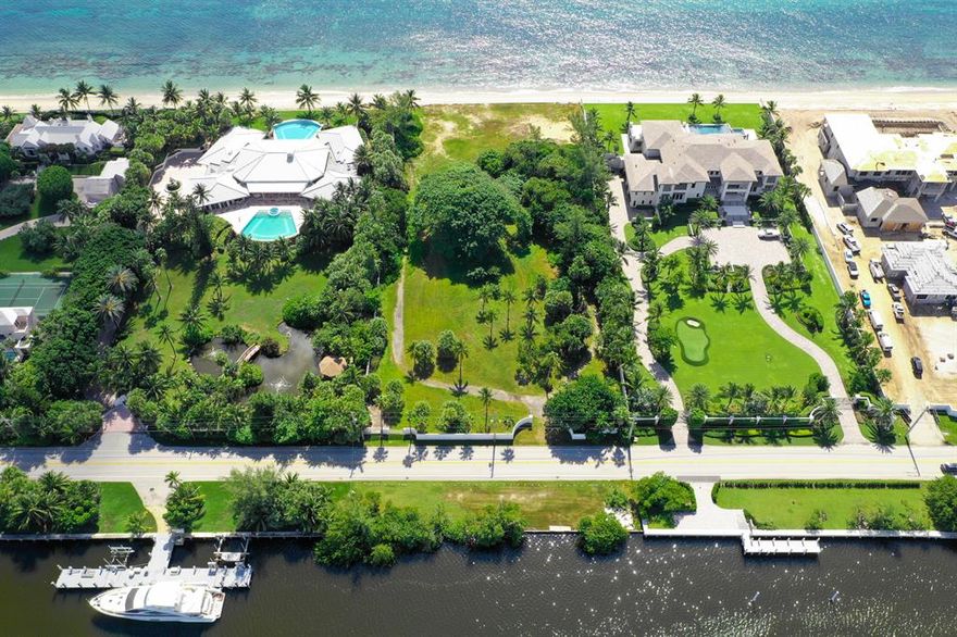 An extraordinary opportunity to own an exquisite 2+ acre parcel in Manalapan, featuring over 200 feet of Direct Ocean and Intracoastal frontage. Fantastic elevation to build your dream home. Room for a dock. A must see.