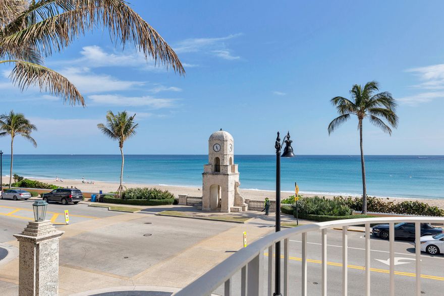 Iconic corner; Enjoy breathtaking views of the ocean, Worth Avenue and the emblematic Palm Beach Clock Tower from this one of a kind corner apartment situated on the third floor, this property boasts a split floor plan comprising 3 bedrooms, 3 bathrooms, a great room with separate living and dining areas, and an amazing wraparound terrace. Winthrop House is a prestigious full-service building with luxury amenities such as a brand new pool, rooftop terrace, fitness center, and the only tunnel for beach access in Palm Beach.