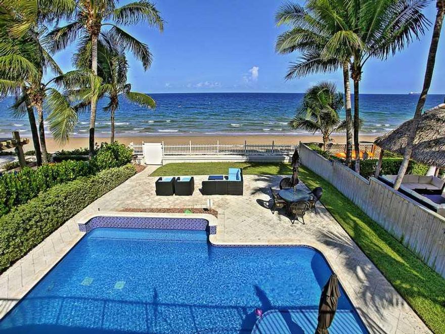 Direct Oceanfront Estate - On the Beach...On the Sand. Enhance your lifestyle and wake up to wonderful Atlantic sunrises and sparking waves. Take pleasure in the expansive & unobstructed ocean views from this sophisticated, oceanfront home which features:  timeless architecture, open floor plan, new high impact glass, travertine floors, expansive terrace, camera surveillance/ alarm, cabana bath and autofill heated pool. Enjoy the privacy, comfort and a perfect combination of FL beach, ocean and location.