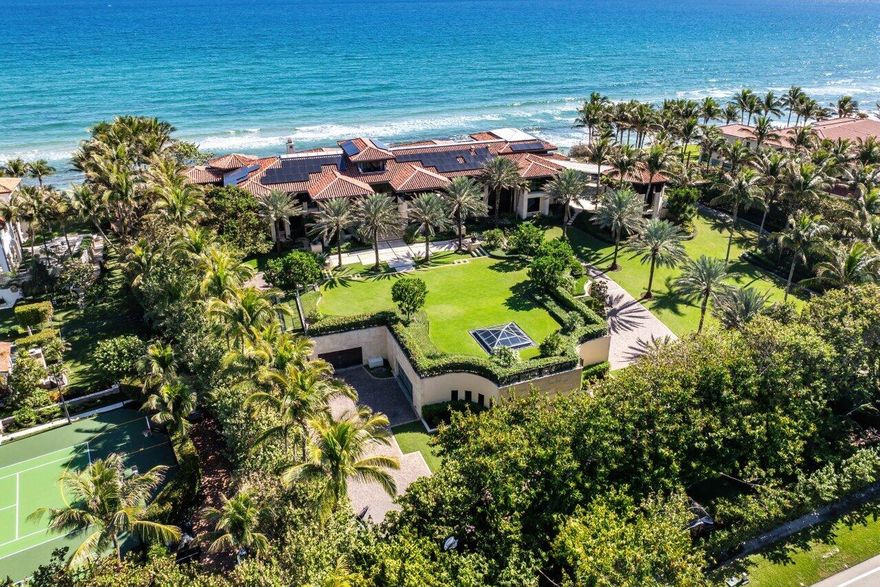 Ready for immediate occupancy. Magnificent Manalapan Modern Balinese inspired 2.83 acre estate, 34,498-square-foot full resort-style compound with unparalleled direct ocean views. Boasting 300+feet of water frontage from ocean to Intracoastal making it one of the largest estates in Manalapan. Completely reimagined with recent upgrades and improvements including movie room, library, game rooms, wine room, ocean office, and several private lounges and flex spaces ensuring all needs are met.  Designed by the famed Marc-Michaels Interior Design Inc, this house comes fully custom furnished & turnkey!  This estate includes a total of 9 Bedrooms, 11.5 Baths, with 7 oceanfront suites and 2 lush guest garden suites. Both formal living room & family room have dramatic one of a kind 30ft floor to ceiling windows. A dedicated spa and wellness wing offers a gym, massage room, rain shower, and oceanfront yoga terrace. Outdoor highlights include expansive loggias, oceanfront balconies, a resort-style saltwater pool with waterfalls and waterslide, oversized spa, full outdoor kitchen, and lush tropical landscaping. A private deep-water dock provides direct ocean access via multiple inlets, completing this rare oceanfront and boating estate in prestigious Manalapan.
