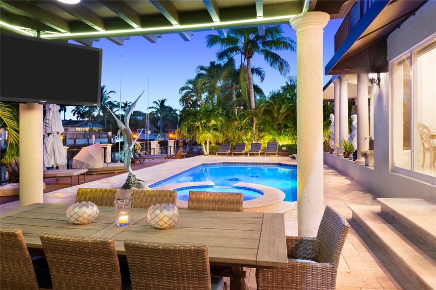 Coral Ridge Country Club Waterfront Estate. 85 ft on water with Southern exposure.  Amazing outdoor living with heated pool, Spa, Covered patio and built in summer kitchen.  New Aluminum roof with Solar panels, New Ac's, Impact Windows, Full house generator,  & Wine cellar.    Large master suite with gas fire place & private balcony.    Minutes to beach, restaurants, & shops.  Dock your yacht in back yard and enjoy Lunch or dinner by boat.  The true South Florida life Style.