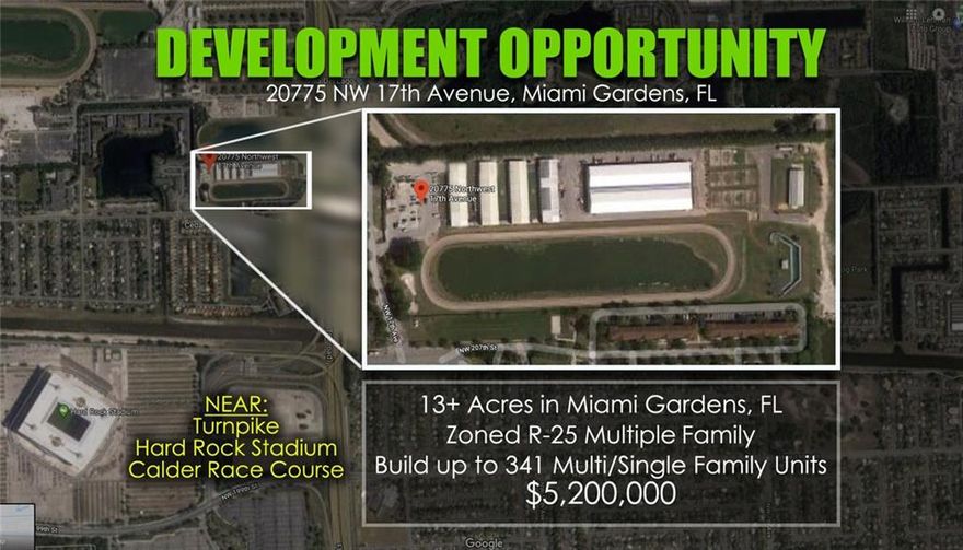 Development opportunity!  13.65 acres near Hard Rock Stadium and Calder Race course available for Multi Family Residential development.  Build up to 341 units on this lot.  Property currently being used as a horse training facility. There are several apartment complex and SF neighborhoods in the area with low vacancy rates and very few homes for sale..