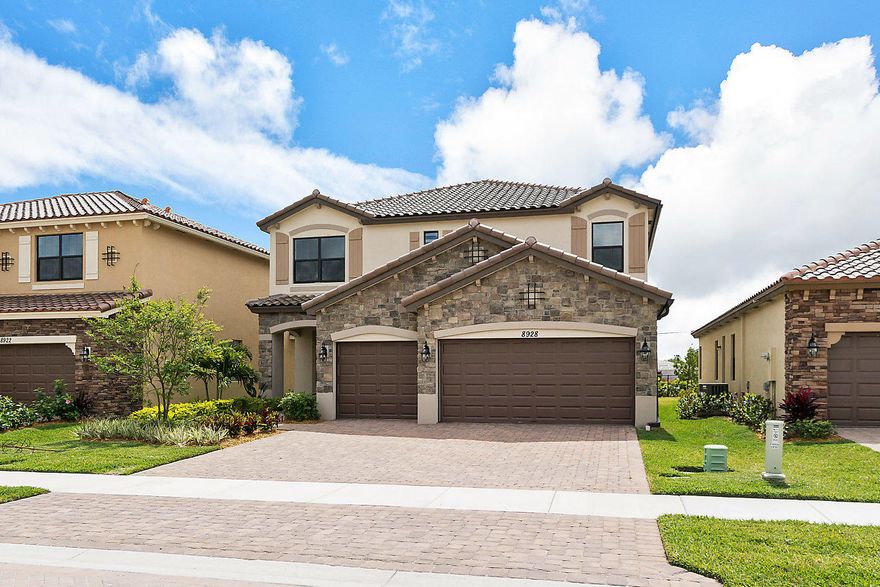 EXQUISITE! 4 bedroom 4 bath home in the brand new community of Gulfstream Preserve. Built in 2017 and has eye catching curb appeal with lush landscaping and stone accents. Bring your fussiest buyer and this home will not disappoint. The home features a spacious open lay out with large living and dining room. This home was made for entertaining! The first floor has large tile on a diagonal and is neutrally painted throughout. The formal area has decorative arches that open to the family room. The upgraded kitchen is a chef's dream featuring upgraded wood cabinets with crown molding, quartz counters, decorative glass back splash, ss appliances, pantry and a large island. The kitchen also has an eat in area and is open to the spacious family room. The light and bright family has large sliders that open up to the covered patio for expanded entertaining area.  The first floor also features an upgraded full bath. Walk up the stairs to the second story and you will be greeted by a large loft area with walk in closet.  The Luxurious master retreat features a large sitting area, his and hers walk in closets with built-ins and en-suite bath. The en-suite has been upgraded throughout with beautiful double vanities topped with quartz counters, large soaking tub and separate shower. The second story has 3 additional guest bedrooms. The second bedroom features a walk in closet and en-suite bath. The third and fourth bedroom also have walk in closets and share a bath with dual sinks. The community of  Gulfstream Preserve is in a desirable area in close proximity to A rated schools,  shopping, dining and the Turnpike.