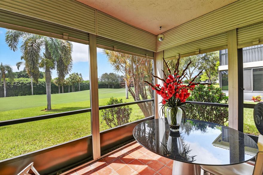 Welcome to your charming first-floor corner unit with beautiful panoramic golf course views and sunny south exposure. This inviting home features luxury vinyl and ceramic flooring, a screened porch perfect for relaxing, updated kitchen/granite counters, and 2 updated bathrooms. and a plethora of closets. 2 sets of Glass sliders to side patio , great for golf cart parking, & entertaining.. A/C (2017) and a newer hot water heater add peace of mind. With a private setting and plenty of potential to make it your own, this home is ready to welcome its next owner to the wonderful Hunters Run lifestyle.