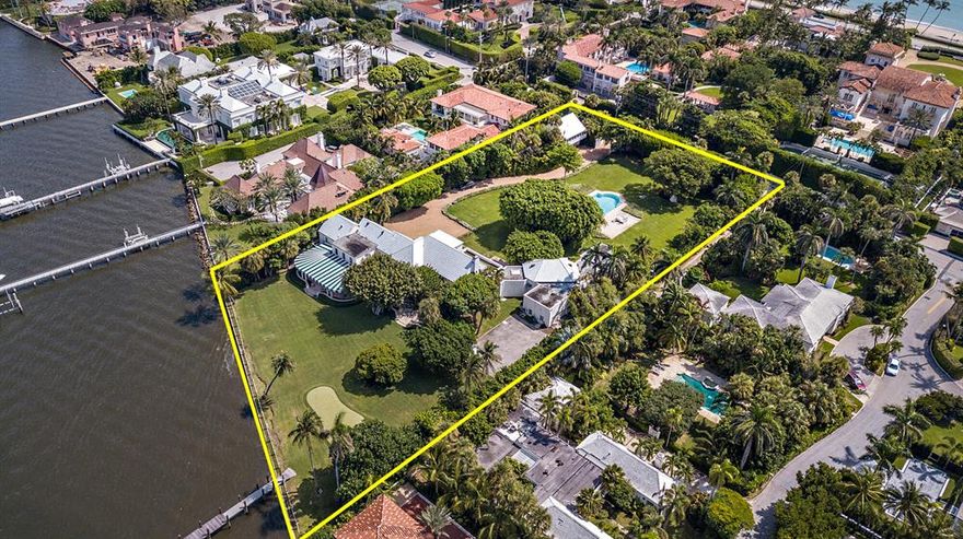 The ONLY opportunity available in Palm Beach for purchase at this time, expanding 2 acres across the intracoastal. Situated along 220 feet of water frontage, this home is comprised of 5-bedrooms and 8.2 bathrooms, plus a detached guest house. Located in the Estate Section, just a short distance from Worth Avenue, this property offers convenience to town along with complete privacy due to the size of the estate. An entertainer's dream complete with indoor and outdoor entertaining spaces, formal dining room, bar area, oversized family/media room, poolside gazebo cabana, putting green, and so much more. Amongst the many special features, this property is situated just South of Everglades Island, which gives expansive water views and sunsets to the West.