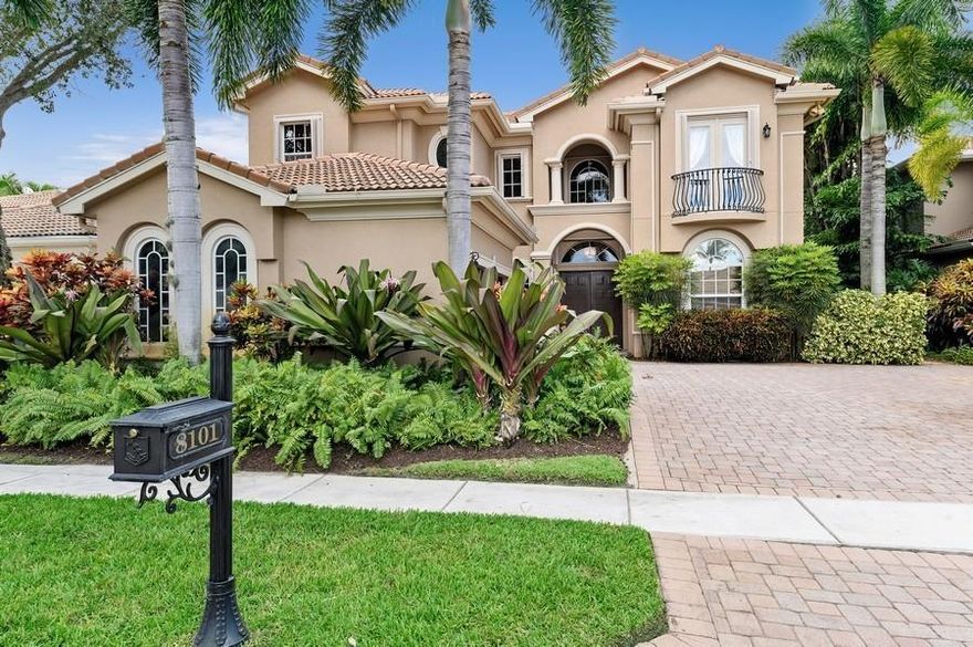 This 4 bedroom 4 1/2 bath golf course home in Mizner Country Club has a two-story covered entry. The spacious foyer opens to an elegant study & separate guest suite. Soaring ceilings & spectacular curved staircase enhance formal living & dining areas. The adjacent family room opens to a covered lanai w/retractable screen, & a well appointed gourmet kitchen w/wine refrigerator. Expansive master suite includes a sitting area w/bay window, coffered ceilings, two large walk-in closets & a large private bath featuring  2 vanities & Roman Tub. Upstairs, 2 separate bedrooms suites open to a spacious loft overlooking living/dining areas. Home features Accordion Hurricane Shutters, newer A/C units, retractable screen for outdoor lanai, tiled garage floor, wider lot, and expanded Home.