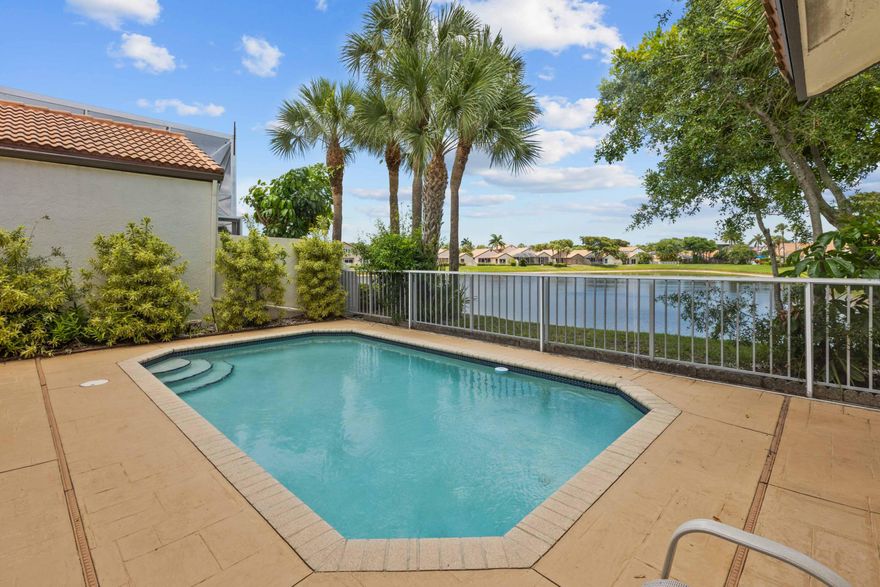 Great opportunity in Palomar at Boca Pointe. This true 3-bedroom, single-story home sits on a lakefront lot with a private backyard, patio, and pool with new HEATER .  Features include tile floors throughout, new LED lighting, partial impact glass/doors, and all built-out closets.  Located in Boca Pointe with low HOA and no mandatory club. Close to shopping, restaurants, beaches, and schools.  All measurements are approximate.