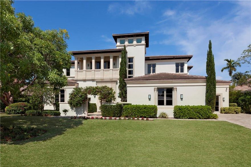 Marble & professional landscaping surround this newly constructed California Contemporary Estate with over 7,100 sf of armed guard gated direct Intracoastal living. Randall Stofft design with ultra luxury finishes, includes onyx, SubZero, Wolf, Gaggenau, glass wine room, marble & oak floors with floor to ceiling glass. Lutron smart home includes separate studio for recreation & arts. Enjoy endless views and spectacular sunsets from the loggia with full service new dock. Deeded oceanfront clubhouse & pool.