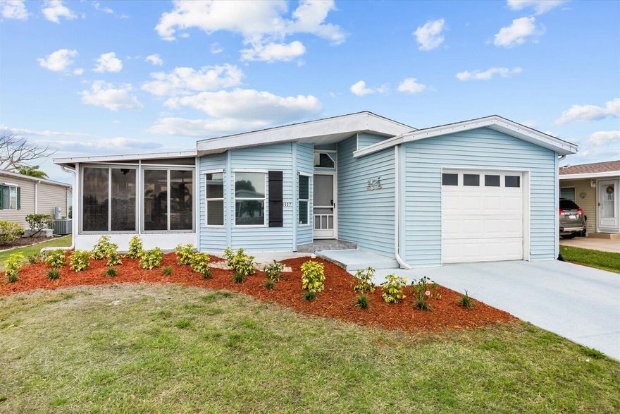 Charming 2 bedroom, 2 bath home with 1 car garage in the Savanna Club 55+ community. Home has laminate flooring thru-out, 2017 roof, enclosed lanai and minutes to the clubhouses, recreation center, theatre and pools. All measurements approximate, buyer to verify. Land Lease Property.