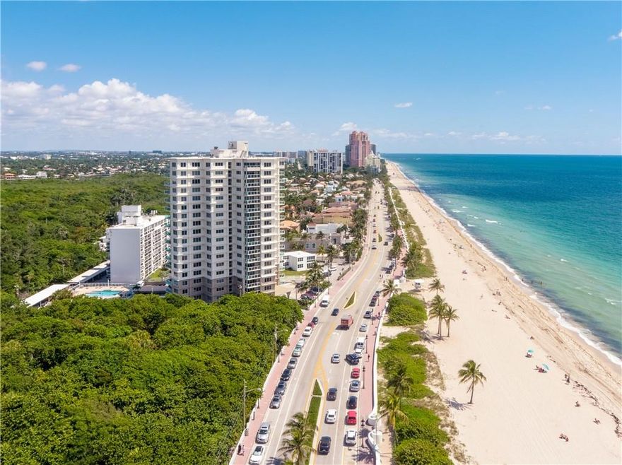 It is all about the location. Fort Lauderdale Beach - Secure doorman building - Sunny 3rd floor pool, treetop and ocean views. The definition of cool sophistication. This double corner plan has over 1700 SF of interior living providing a lifestyle perfect for beach lovers. Thoughtfully renovated from the walls in. Euro-design finishes at every turn include polished 41"x34" porcelain tile throughout. New kitchen with granite counter tops and stainless appliances. Convenient stack laundry. Master and Guest suites are generously sized each with a spa-like bath. The living room and Master share an ample balcony that offers views of Birch Park and the pool. Amenities include; fitness studio and community room, covered parking, pool and beach access. Up to two pets permitted of any size. An ideal second home on Fort Lauderdale Beach. 24-hour secure building. Private pool and gym. Covered parking. Underground beach access; Central Cooling for AC's; Building Generator. Very well run building.