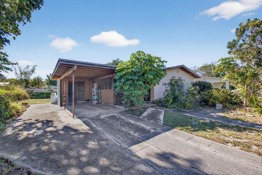 Plenty of opportunity with this house, located in a quiet, desirable single family neighborhood--In the heart of Jupiter and with NO HOA!  Fixer uppers have become a rare thing around here.  Here you have either a starter home needing sweat equity, a possible addition to a rental portfolio or a fix and flip.  Home is being sold ''as-is'' and needs a roof and lots of TLC.  Main structure is CBS with a frame carport and screen porch.   HVAC, windows and hurricane shutters all updated 8-10 years ago.  Big fenced yard with additional driveway area to accommodate that extra car or truck and good storage closets off the carport.  High and dry lot with privacy and room for a pool!