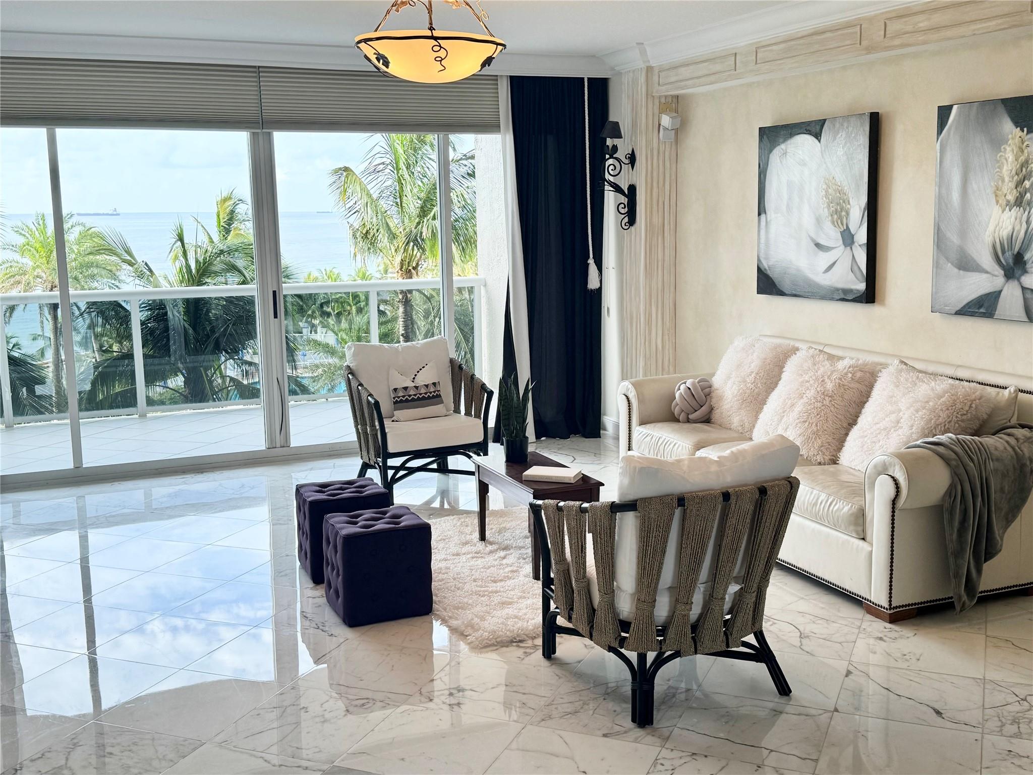 SE EXPOSURE. ALL DAY SUN. 2 Terraces. Private elevator. Marble floors. 3rd bedroom has Murphy style wall bed and built in desk /wall system . EASY TO SEE. Resort-style complex with 2 clay tennis courts, POOLSIDE RESTAURANT, 2 pools, 2 spas, SELF PARKING IN GARAGE plus valet for guests, private beach pavilion with tikis, cabanas, BBQ and beach attendant. 2 PETS,ANY SIZE, OK. L'Hermitage is well funded, great reserves, many completed and funded improvements , such as surface work repair and painting, new lap pool, new roof, funded elevator project . NOTE THAT APPROX. $300 per qtr is a credit to spend in the poolside restaurant . Full bar with happy hour, dine alfresco or delivery.