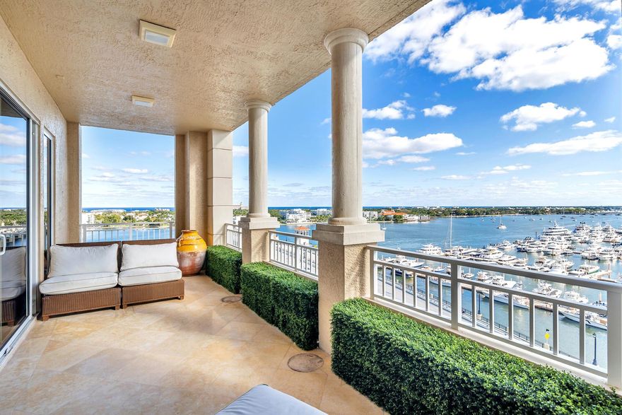 Welcome to the largest condo with the best views in One Watermark Place on the market. With panoramic Ocean and Intracoastal views, this coveted southeast corner condo features over 5,500 sq. ft. and four sunset/sunrise balconies. Private elevator leads into an exquisite, spacious and flexible floor plan. 4-BD and 5.5-BA; Chef's kitchen, butler's pantry, large master suite, office and family room. Guest or au pair quarters within the condo. The exclusive One Watermark Place offers intimate luxury with 48 residences, full service concierge, security, valet, waterfront pool, movie theater, pet run, exquisite social and fitness rooms. You'll feel as if you're at a Ritz Carlton with five -star service. Two parking spaces, storage space. Slips available for lease for up to a 100' yacht