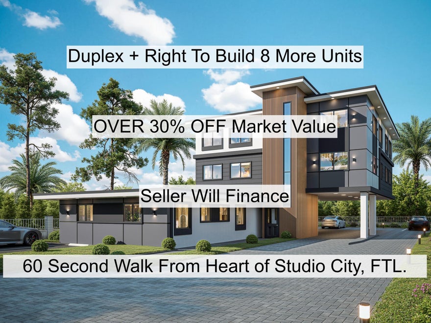 Rare opportunity to acquire an income producing duplex (2 1/1s) w/ additional development capacity in Fort Lauderdale's rapidly developing Studio City at OVER 30% OFF market value. Keep the existing duplex (w/separate water & electric meters) & add 8 units for 10 units total. Included site plan shows layout, parking, & access. Meeting with city has been held; feasibility & zoning compliance confirmed. Land comps:$91k-$117k per unit sold, $129k-$162k per unit active. Active & sold multifamily comps:$200k(not renovated)-$320k(renovated) per unit. Subject property: partially renovated duplex + 8 units of buildable land; market value ~$1.2M. 1 bed rents:$1.6k-$2.3k/mo. Build cost ~$1.2M. All in:~$2M. Projected value:$3M+ = $1M+ equity. Potential ~10% cap. Opportunity zone. Seller will finance.
