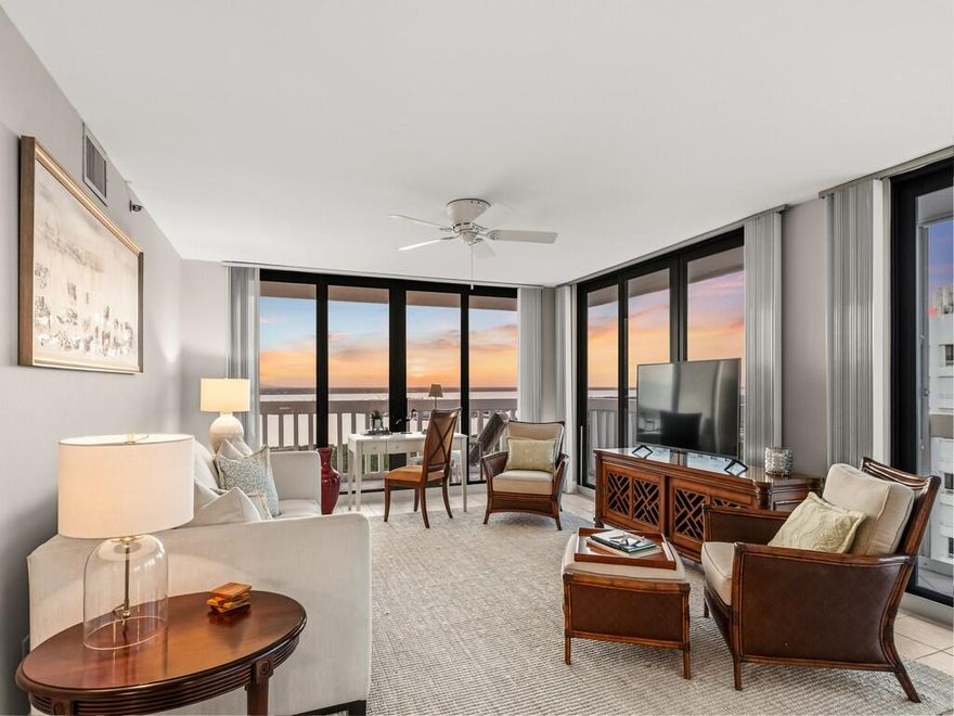 Enjoy sunrise to sunset views from the 19th floor of your 82' wraparound corner balcony. This spacious, tastefully updated condo offers over 1,700 sq ft under air—the largest floor plan in the building—with sweeping views of the Atlantic Ocean and Indian River Lagoon. Features include floor-to-ceiling windows, smooth ceilings, interior corridors (no catwalks), new windows and doors, and updated appliances. The well-funded, meticulously maintained building sits directly on the ocean with gated beach access and has passed all required inspections. Amenities include a heated pool, fitness room, social and card rooms, car wash, and on-site manager. Enjoy beach walks, fishing, paddle boarding, and abundant coastal wildlife.