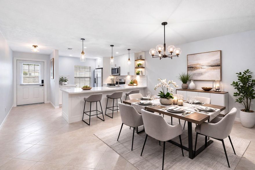 Welcome to your dream home! Fully remodeled 2/2 villa, in the desired 55+ community of Covered Bridge. Upgrades include large Kitchen island with quartz countertops, new stainless steel appliances, soft closing cabinets, recess lighting and new light fixtures. New front and back doors, fully repainted and new electrical panel. Remodeled bathrooms with new vanities, quartz countertops, accent backsplash, luxury vinyl floors. Washer and dryer in the unit. AC 2012 and Water Heater 2010. Additional 168 sq. ft with enclosed patio. Enjoy a tranquil back yard with shady trees. The Clubhouse includes two heated pools, social space for events, bocce ball, shuffleboard, tennis, pickleball courts, and a serene pond with a fountain. Cable and water included in the HOA. Furniture negotiable.