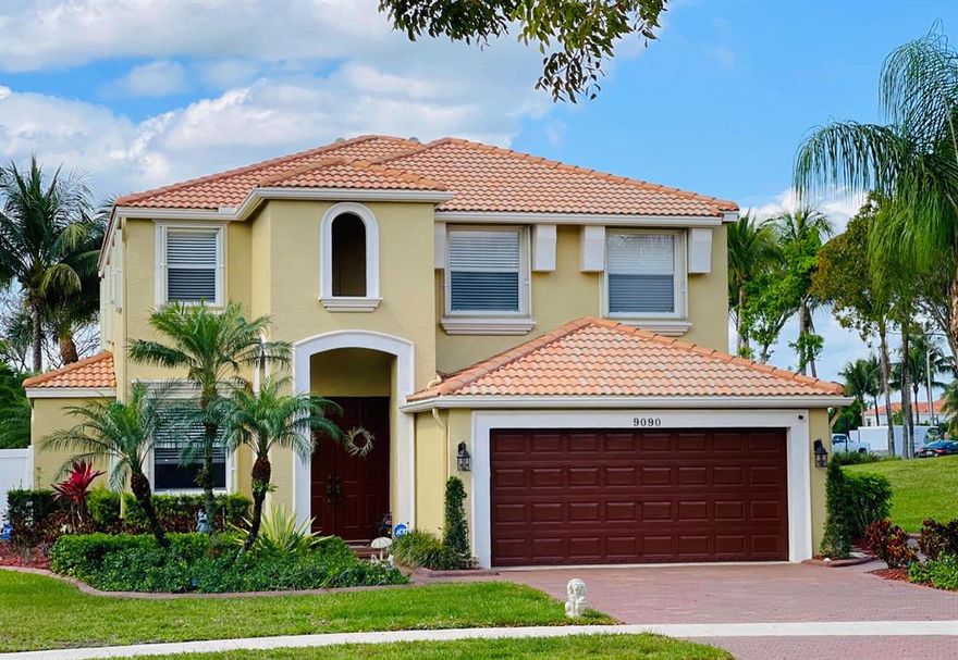 Absolutely gorgeous Cordova 4 Grande model home on nearly a quarter of an acre with a pool and spa await you in the stunning Easton Village of Wellington's prestigious resort style community Olympia. This is the one you have been waiting for! Freshly painted in neutral light tones, white kitchen with stainless appliances, and custom moulding on the walls and ceiling bring an elegant feel to a stunning model. Entirely fenced for privacy and lined with gorgeous palms for a tropical and private oasis. Huge yard on an end lot with no neighbor to the right and no rear neighbors, truly private! The huge freeform pool and spa is stunning! The covered patio area is screened for comfort and enjoyment outdoors all year round! The entire yard, covered patio, and pool are ready to host parties and make memories. Oversized pool and spa, combined with the mature palms and custom landscape make this your paradise backyard! All windows have had moulding encasements that add such a feel of elegance in this model. Lovely and large master bedroom suite with ample lighting. Large double walk in closets and separate his and hers sinks in the spacious master bath en suite with separate tub and shower. All bathrooms have granite countertops. All four bedrooms upstairs. The entire home is hard surface with tile throughout and no carpets here. Did you notice the whole house accordion shutters? Making this home hurricane ready with ease! Such a great addition. 

This home is ready for a new family to love! Olympia is Wellington's premier resort style community that is unparalleled in amenities and community feel, and all with an HOA of under 300$ per month. The magnificent and gigantic zero entry pool is truly the best community or resort pool I have ever seen and includes glorious cabanas and an exciting splash pad for the kids. The clubhouse also includes indoor and outdoor basketball courts, pickleball court, volleyball court, tennis courts, an incredibly impressive upscale clubhouse, and an entirely renovated brand new huge and fun playground complete with astroturf and tons of fun equipment for the kids. Such a wonderful community feel here. The home is located within walking distance to the clubhouse, restaurants, and shopping. Did I mention the top A rated Wellington schools? Come see this home, it is as gorgeous in person as it is in these photos. You deserve to live the Olympia lifestyle, it's time to make it happen!