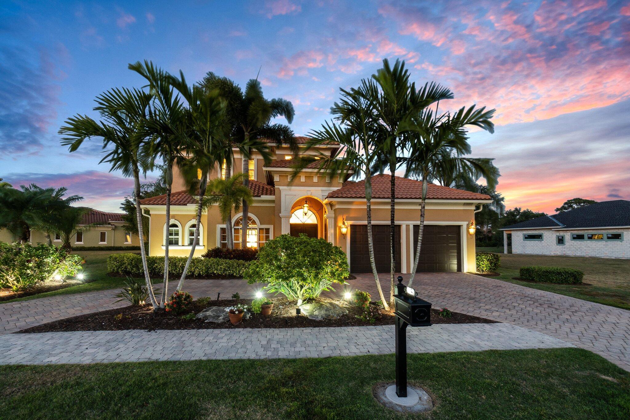 Your Luxurious Estate awaits within the Exclusive Golf Community of Tesoro. Beyond the Gates, lies a World of Resort-Style Living, where every day feels like a vacation. Each Home features a landscape of Natural Wooded Preserves, Lush Wetlands or Golf Course view. This Exquisite Mediterranean Home, will greet you w/ grandeur detail at every turn. As you approach the home, notice the flames of the Gas Carriage & Entry Pendant Light as they dance at dusk. Enter the ornate Imported Double Wood Doors, just beyond them discover the Soaring Coffered Ceilings, Chandeliers, that add a touch of opulence, as the Light glistens from the Hardwood Floors & Marble foyer. Continue to the Formal Living as the Gas Fireplace summons you in for a cozy evening by the hearth.